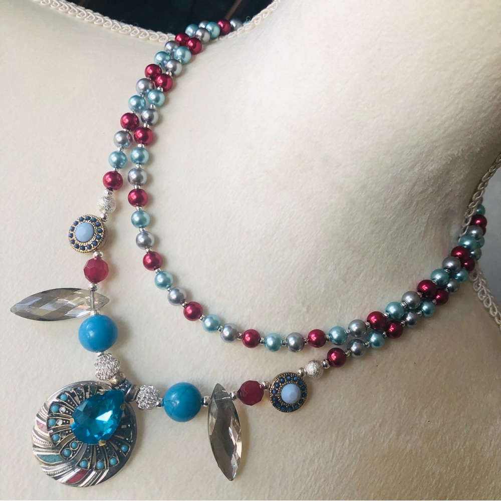 Handcrafted repurpose double strand turquoise stone Czech glass Pearl necklace
